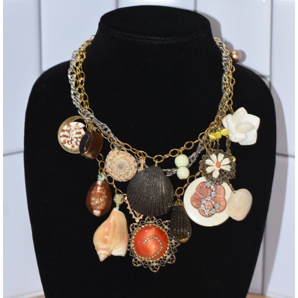 Lenora Dame Swarovski Rhinestone and Seashell Charm Chain Necklace One-of-a-Kind